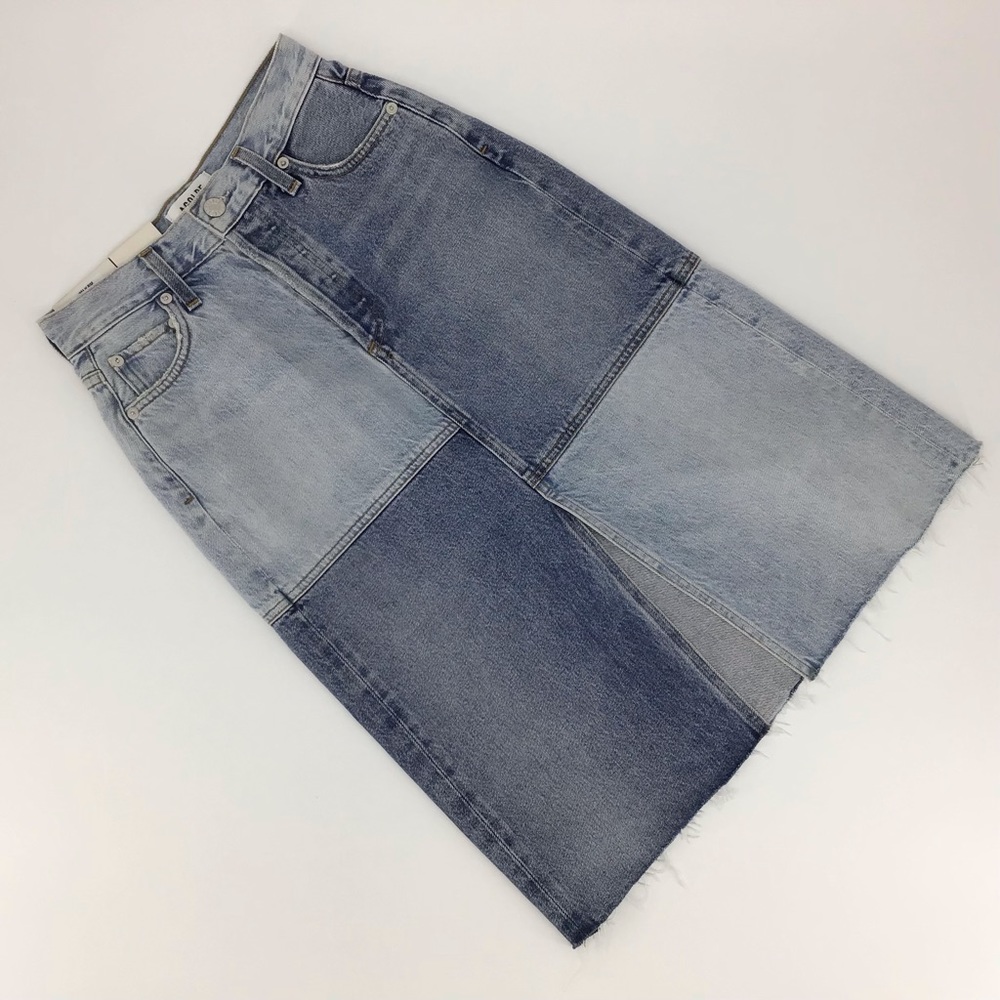 Agolde NWT Issa High Rise Long Slit Patchwork Denim Skirt, 23
